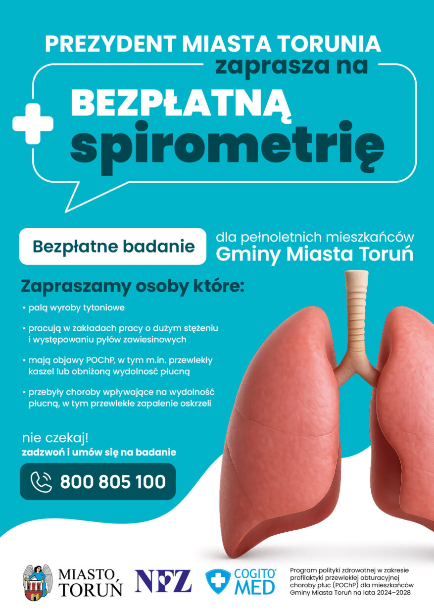 Bezpłatne badania spirometryczne dla mieszkańców Torunia – profilaktyka POChP. Plakat inforacyjny