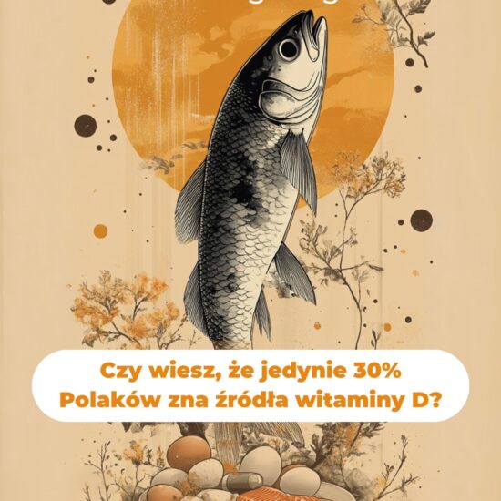 Ilustracja przedstawiająca rybę, jajka i łososia jako naturalne źródła witaminy D z napisem: „Czy wiesz, że jedynie 30% Polaków zna źródła witaminy D?