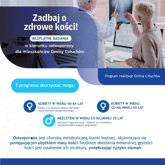 Plakat informacyjny – bezpłatne badania osteoporozy w Gminie Cielądz dla mieszkańców 40+, 65+ i 75+.