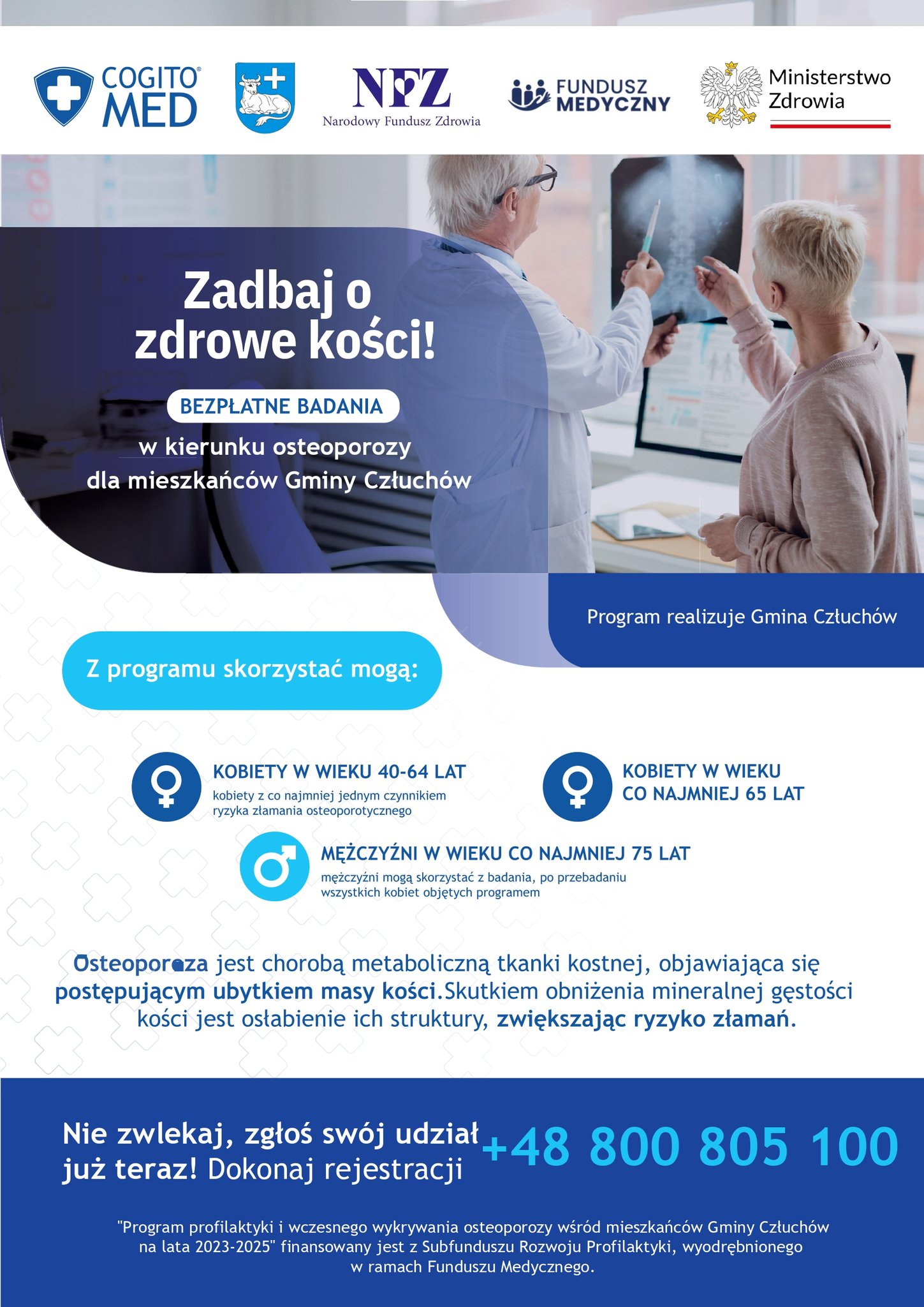 Plakat informacyjny – bezpłatne badania osteoporozy w Gminie Cielądz dla mieszkańców 40+, 65+ i 75+.