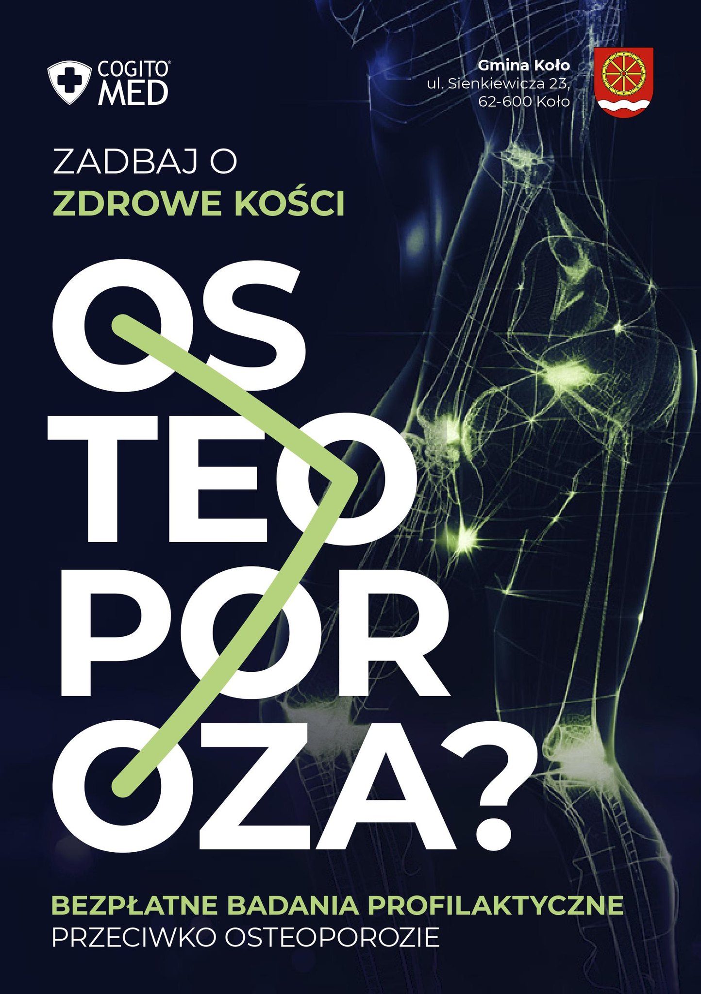 Osteoporoza to choroba metaboliczna kości prowadząca do stopniowego zaniku masy kostnej i osłabienia ich struktury. Skutkiem jest zwiększone ryzyko złamań – szczególnie w obrębie kręgosłupa, bioder i nadgarstków. Do czynników ryzyka należą m.in. wiek, płeć żeńska, predyspozycje genetyczne, niska masa ciała, brak aktywności fizycznej oraz niedobory wapnia i witaminy D. Choroba rozwija się powoli i często bezobjawowo, dlatego tak istotne jest jej wczesne wykrycie. W Gminie Koło realizowany jest Program profilaktyki i wczesnego wykrywania osteoporozy na lata 2023–2025, finansowany z budżetu Gminy Koło oraz Ministerstwa Zdrowia w ramach Subfunduszu Rozwoju Profilaktyki. Dzięki temu mieszkanki gminy mogą skorzystać z bezpłatnych badań densytometrycznych. Badania przeznaczone są dla: 👩 Kobiet w wieku 40–64 lat z co najmniej jednym czynnikiem ryzyka złamania osteoporotycznego 👩‍🦳 Kobiet w wieku 65+ Celem programu jest nie tylko wczesna diagnoza, ale także promocja zdrowego stylu życia, profilaktyka złamań i edukacja mieszkańców. Zespół Cogito Med zrealizował badania w Gminie Koło, wspierając lokalną społeczność w trosce o zdrowie i mocne kości.
