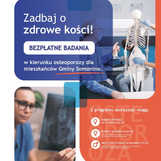 Plakat informacyjny – bezpłatne badania osteoporozy dla mieszkańców Gminy Somonino, organizowane przez Cogito Med i Gminę Somonino