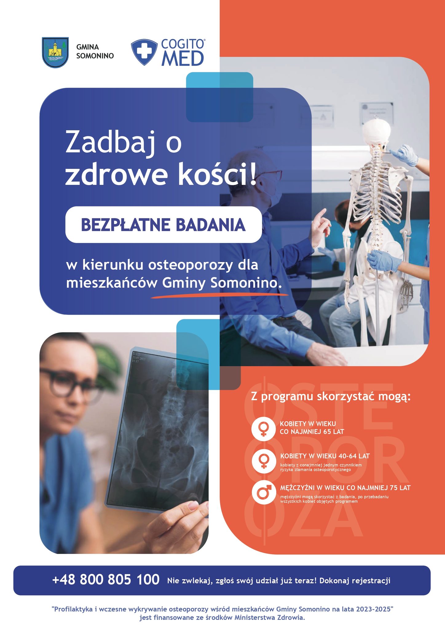 Plakat informacyjny – bezpłatne badania osteoporozy dla mieszkańców Gminy Somonino, organizowane przez Cogito Med i Gminę Somonino