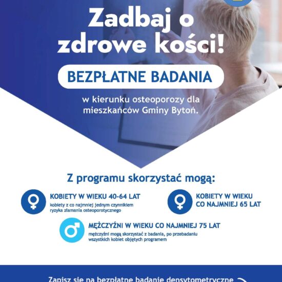 Plakat informacyjny – bezpłatne badania osteoporozy dla mieszkańców Gminy Bytoń.