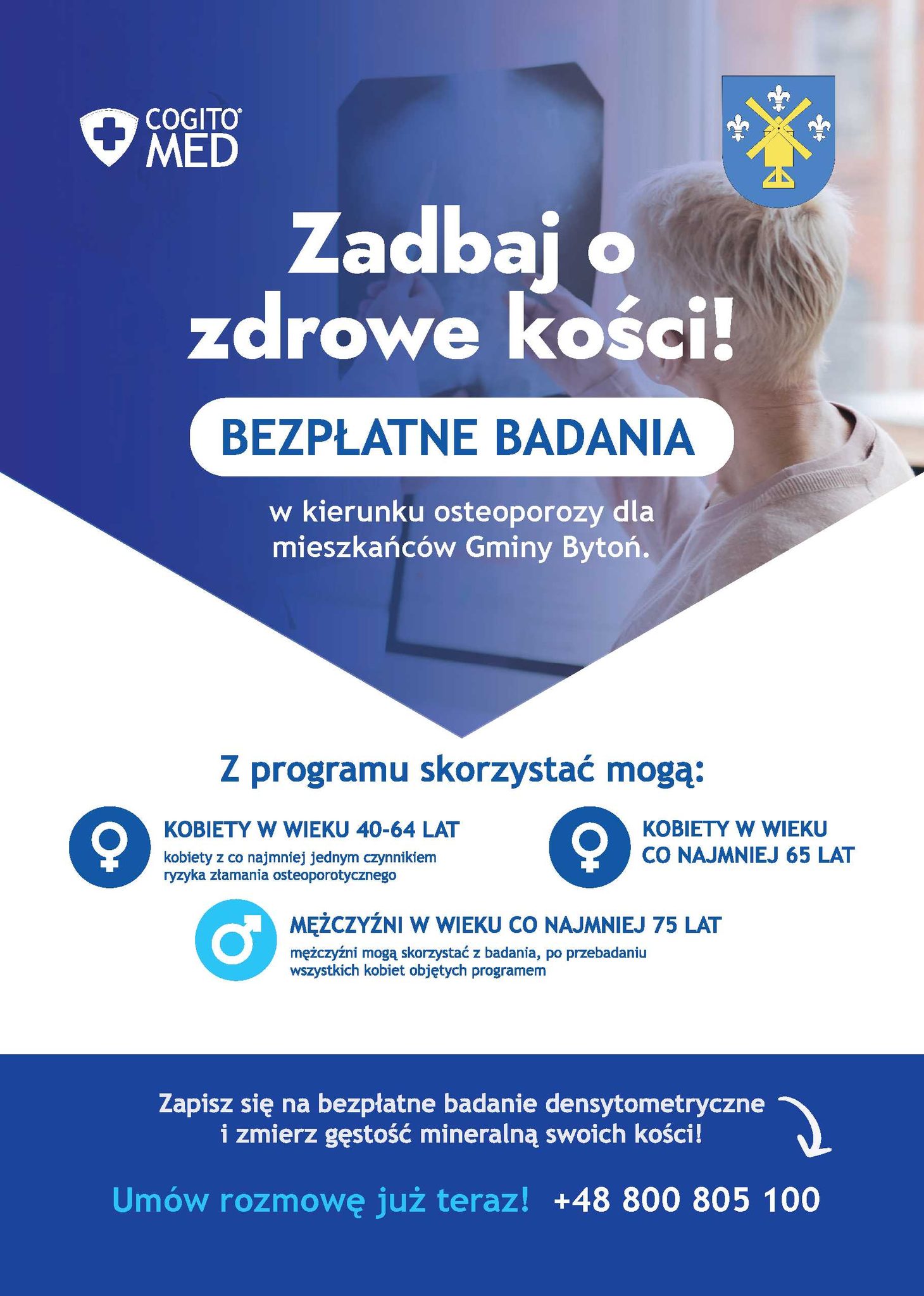 Plakat informacyjny – bezpłatne badania osteoporozy dla mieszkańców Gminy Bytoń.
