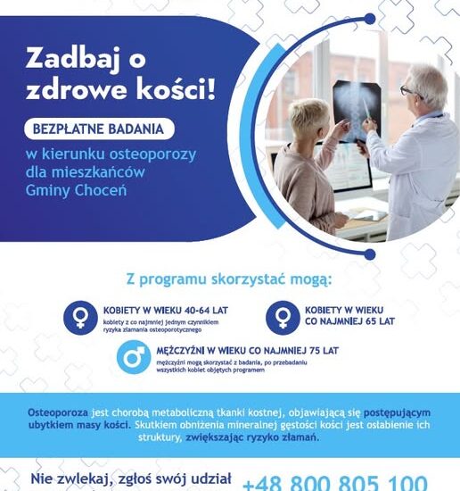 Plakat informacyjny o bezpłatnych badaniach osteoporozy dla mieszkańców Gminy Choceń organizowanych w ramach programu profilaktyki zdrowotnej.