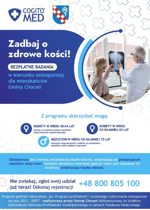 Plakat informacyjny o bezpłatnych badaniach osteoporozy dla mieszkańców Gminy Choceń organizowanych w ramach programu profilaktyki zdrowotnej.