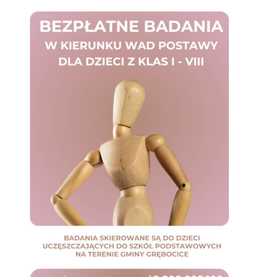 Plakat informacyjny – bezpłatne badania wad postawy dla dzieci klas I–VIII