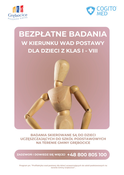 Plakat informacyjny – bezpłatne badania wad postawy dla dzieci klas I–VIII