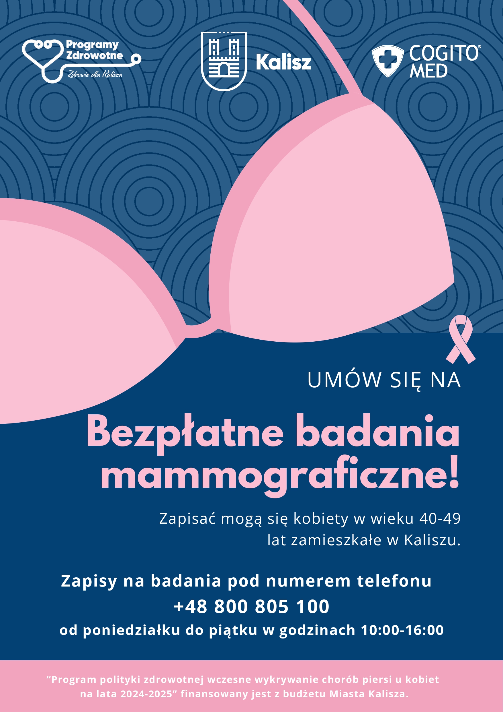 Plakat informacyjny – bezpłatne badania mammograficzne w Kaliszu dla kobiet 40–49 lat