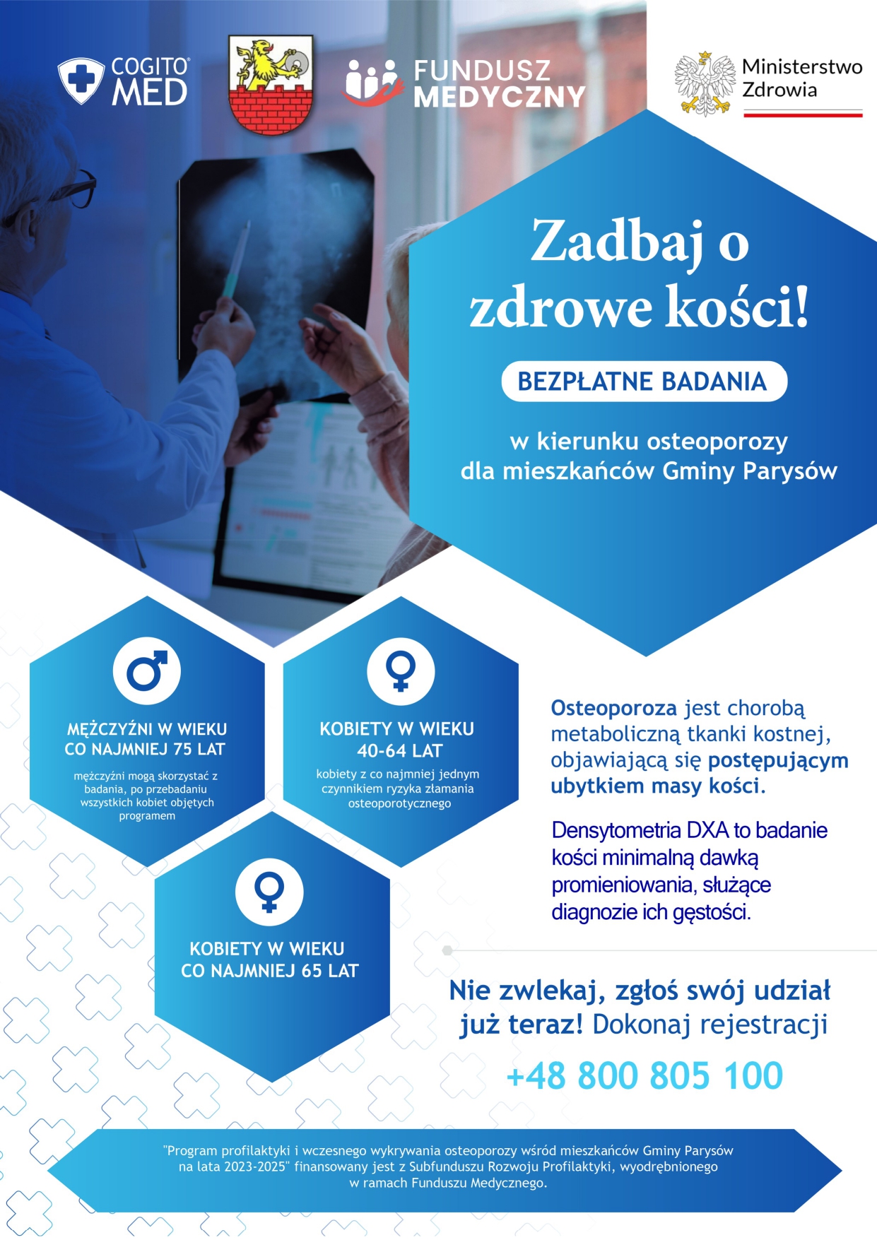 Plakat informacyjny programu profilaktyki osteoporozy w Gminie Parysów – bezpłatne badania densytometryczne dla mieszkańców.