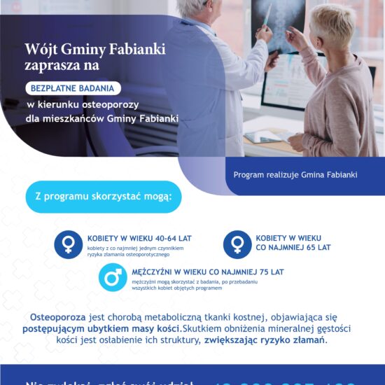 Bezpłatne badania w kierunku osteoporozy dla mieszkańców Gminy Fabianki – program profilaktyki 2023–2025