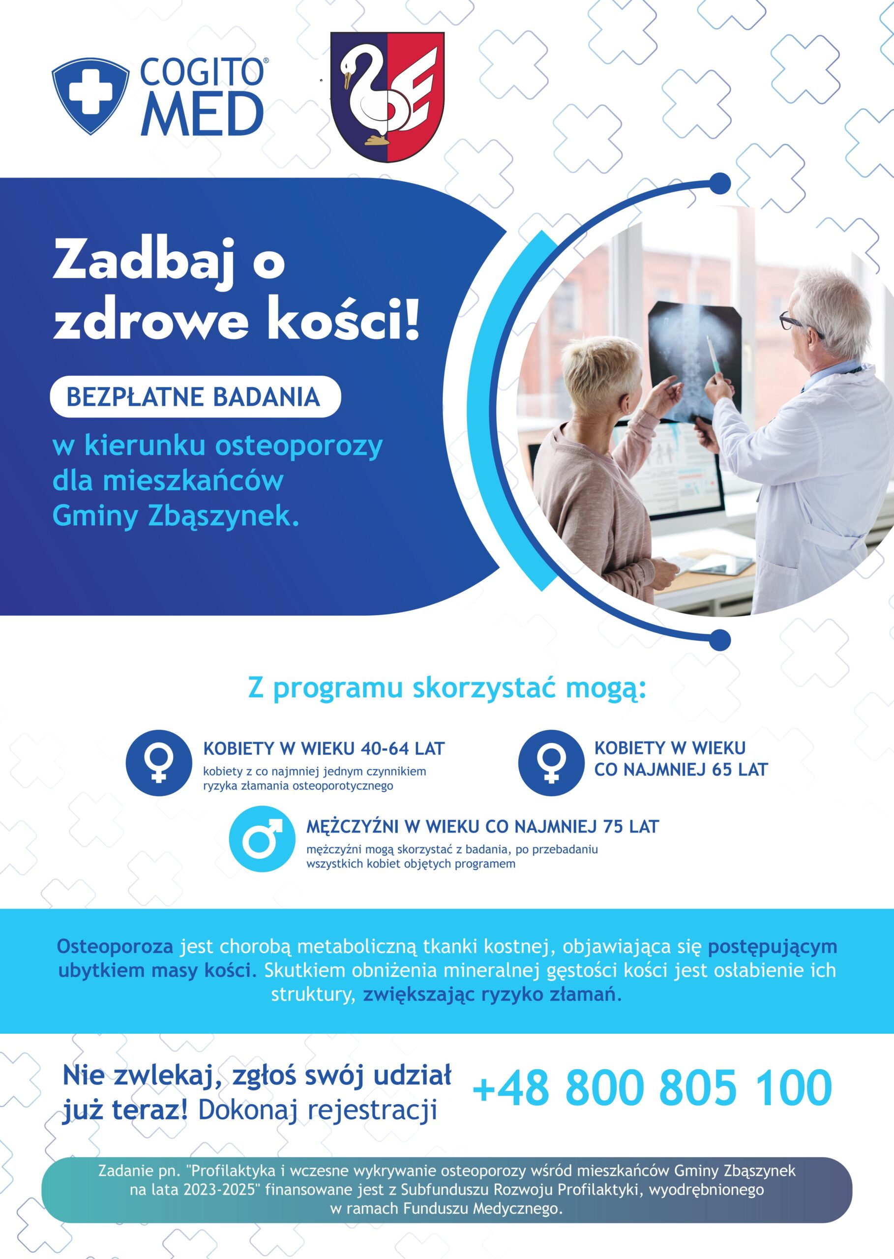 Plakat informacyjny – bezpłatne badania osteoporozy dla mieszkańców Gminy Zbąszynek, program realizowany z Funduszu Medycznego