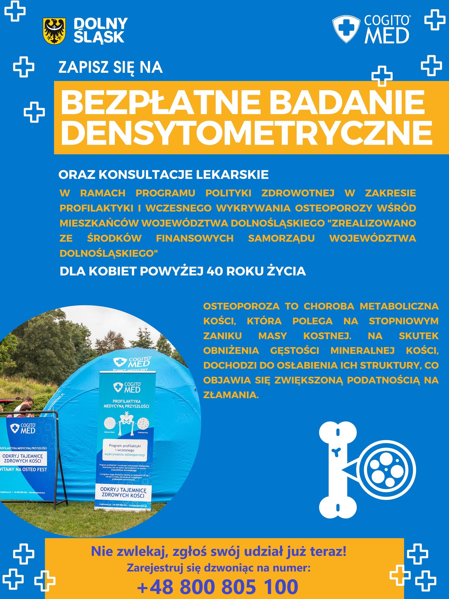Plakat informacyjny – bezpłatne badania densytometryczne w kierunku osteoporozy dla kobiet powyżej 40 roku życia w ramach programu profilaktyki na Dolnym Śląsku