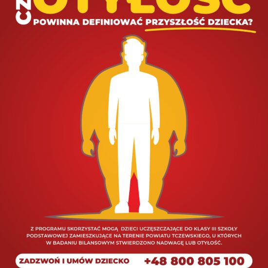 Plakat informacyjny o bezpłatnych badaniach i konsultacjach w kierunku nadwagi i otyłości u dzieci w powiecie tczewskim