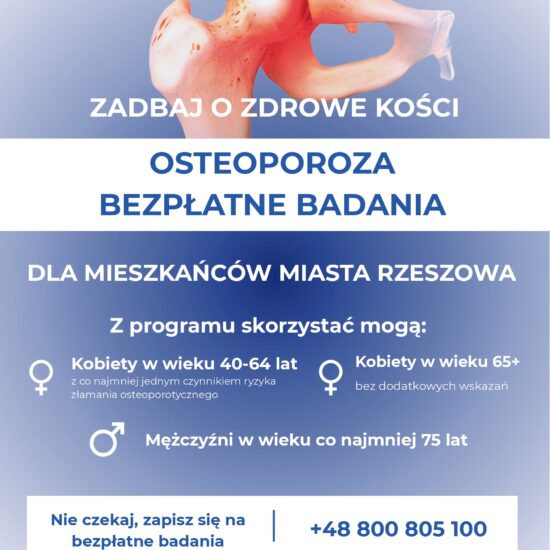 Plakat informacyjny – bezpłatne badania w kierunku osteoporozy dla mieszkańców Rzeszowa