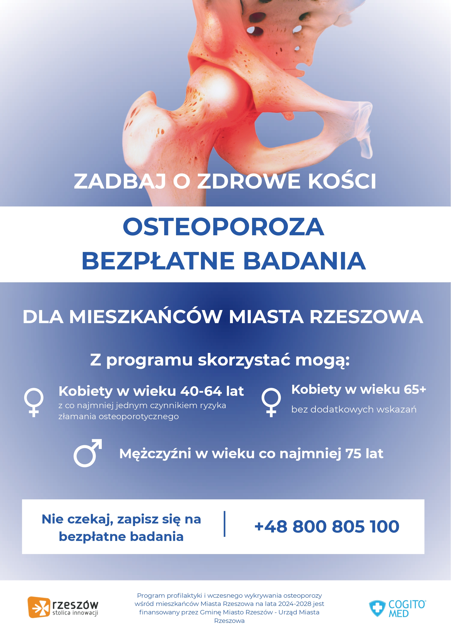 Plakat informacyjny – bezpłatne badania w kierunku osteoporozy dla mieszkańców Rzeszowa