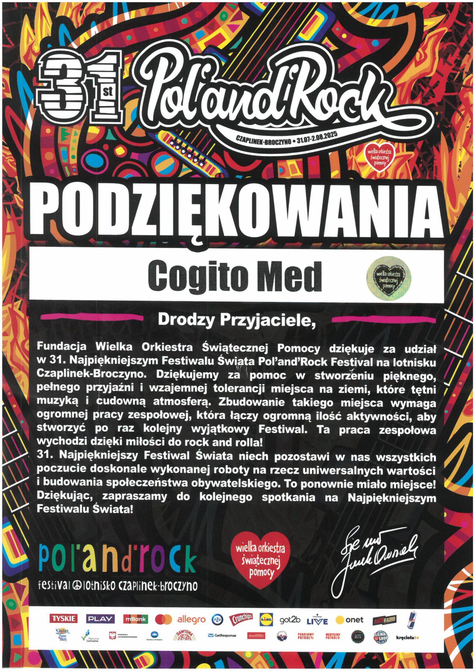 Podziękowania dla Cogito Med od Fundacji WOŚP za udział w 31. Pol’and’Rock Festival w Czaplinku-Broczynie, plakat festiwalowy z kolorową oprawą graficzną