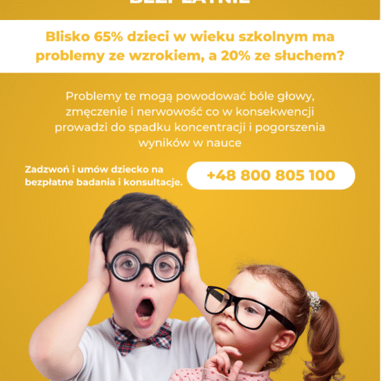Plakat informacyjny programu bezpłatnych badań wzroku i słuchu dla dzieci z gminy Gogolin