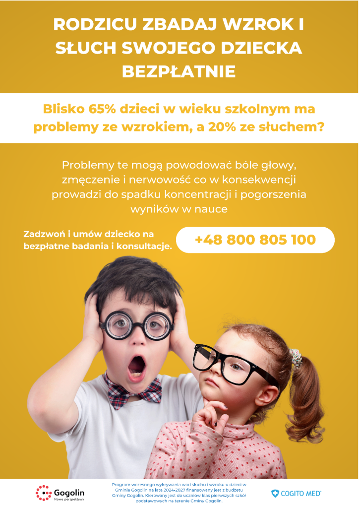 Plakat informacyjny programu bezpłatnych badań wzroku i słuchu dla dzieci z gminy Gogolin