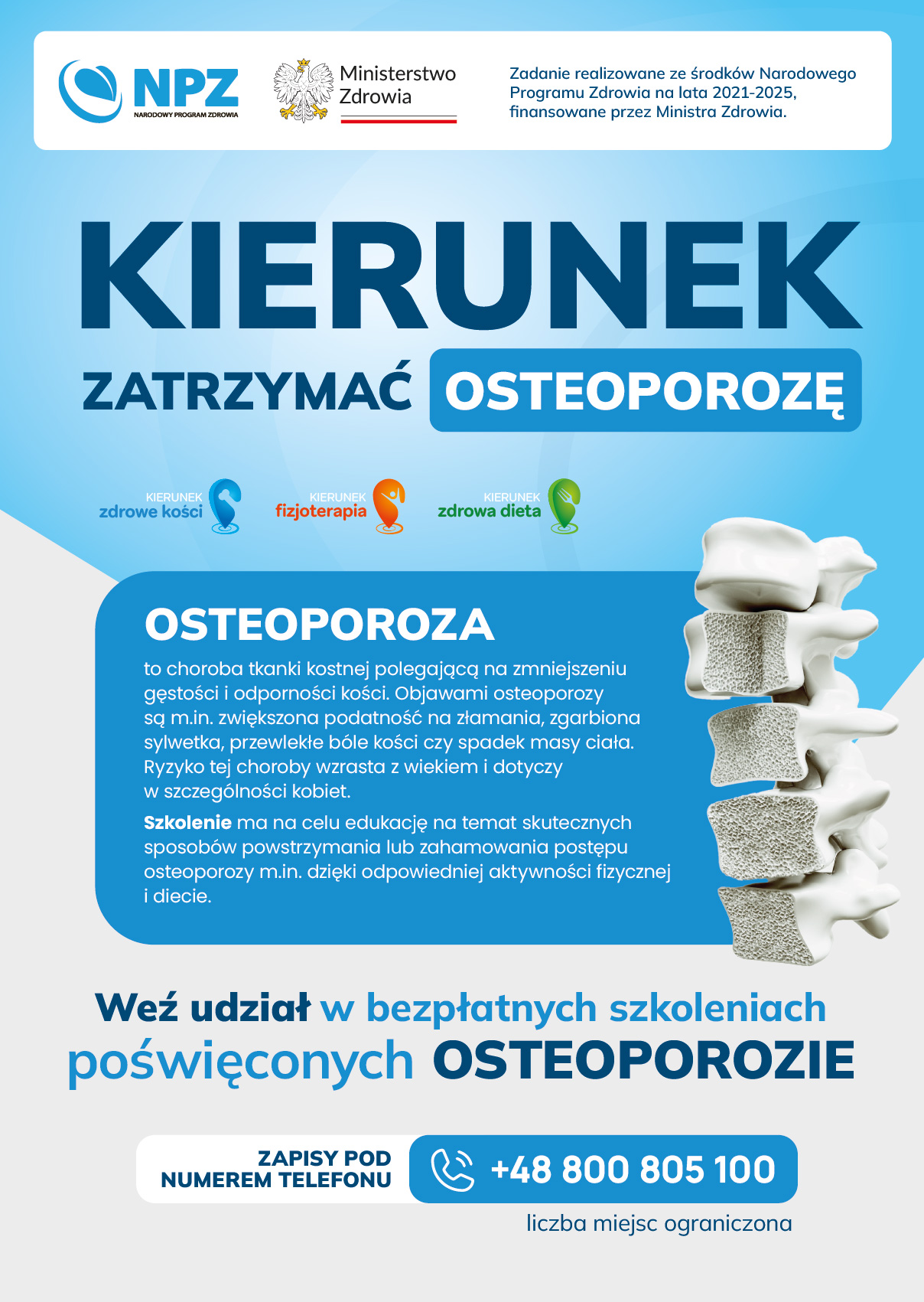 Plakat informacyjny programu „Kierunek: zatrzymać osteoporozę” – bezpłatne szkolenia organizowane przez Ministerstwo Zdrowia i Narodowy Program Zdrowia.