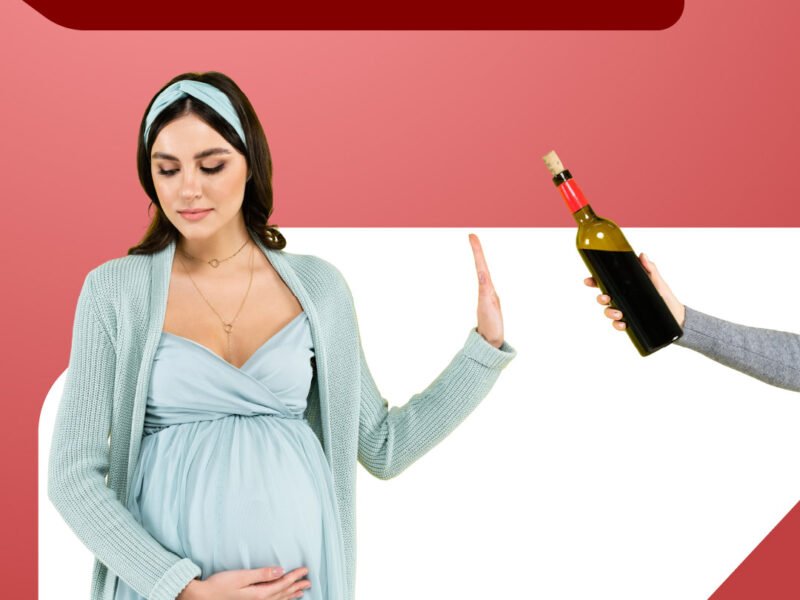 Kobieta w ciąży w błękitnej sukience odmawia przyjęcia butelki wina, gestem ręki pokazując „nie”. Grafika kampanii „Potrafisz odmówić” z hasłem: „Nie istnieje bezpieczna dawka alkoholu w ciąży”.