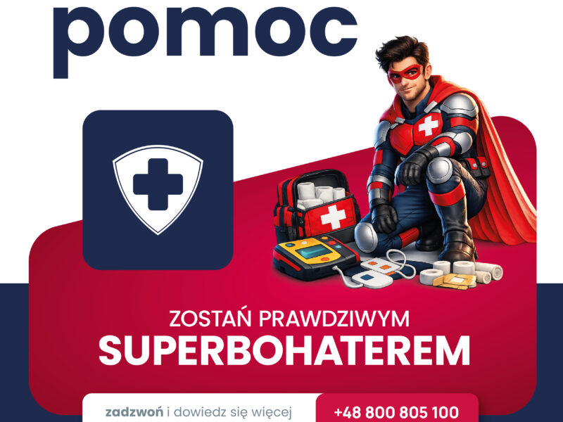 Plakat programu pierwszej pomocy przedmedycznej dla uczniów klas VII–VIII z województwa mazowieckiego z grafiką superbohatera i hasłem Zostań prawdziwym superbohaterem