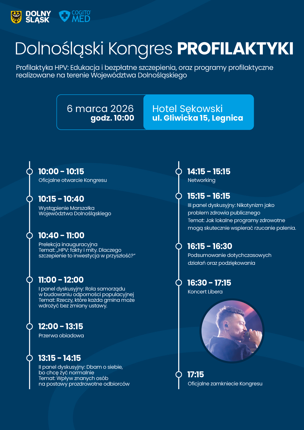 Agenda Dolnośląskiego Kongresu Profilaktyki 2026 w Legnicy z programem wydarzenia, tematami paneli dotyczącymi HPV, nikotynizmu i programów zdrowotnych oraz koncertem Libera