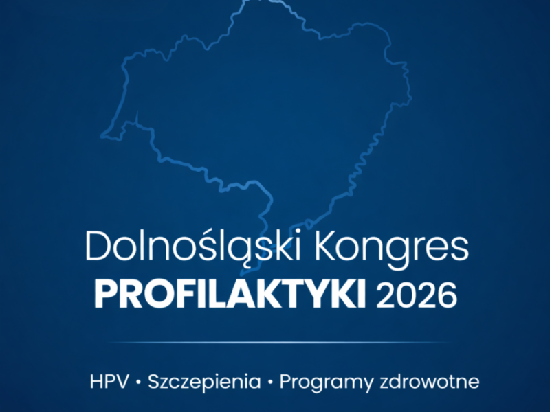 Grafika promująca Dolnośląski Kongres Profilaktyki 2026 z obrysem Dolnego Śląska, logo Cogito Med oraz hasłem HPV, szczepienia i programy zdrowotne