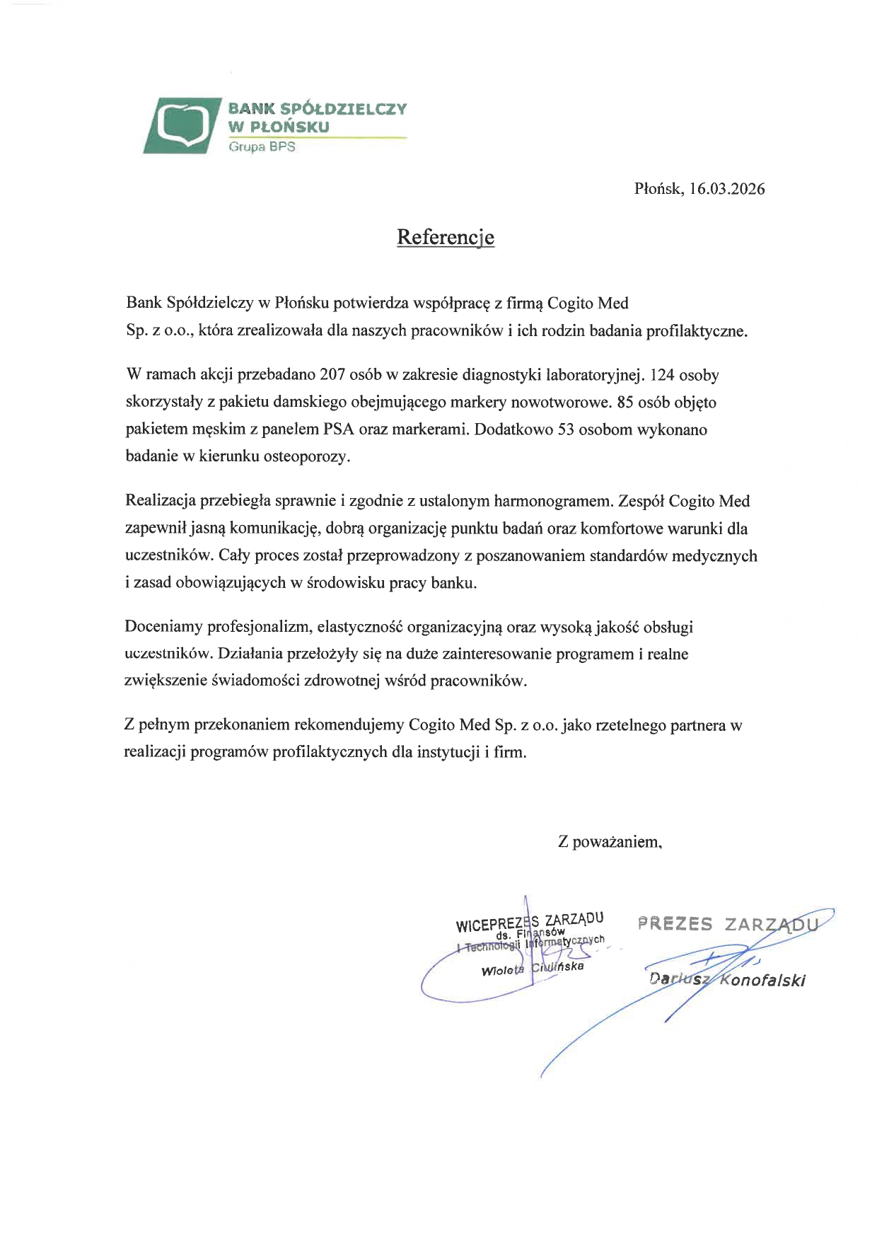 Referencje Banku Spółdzielczego w Płońsku dla Cogito Med dotyczące realizacji badań profilaktycznych, w tym pakietów krwi i badań w kierunku osteoporozy, marzec 2026