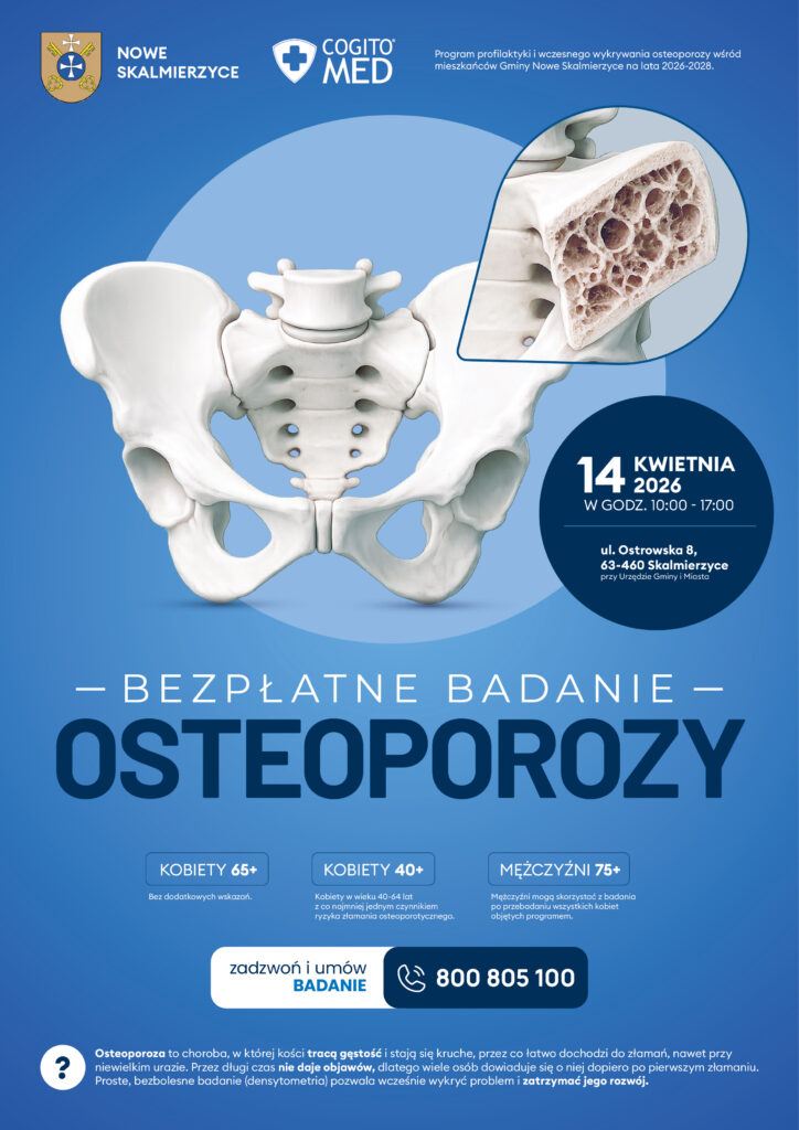 Niebieski plakat informujący o bezpłatnych badaniach osteoporozy w Nowych Skalmierzycach.